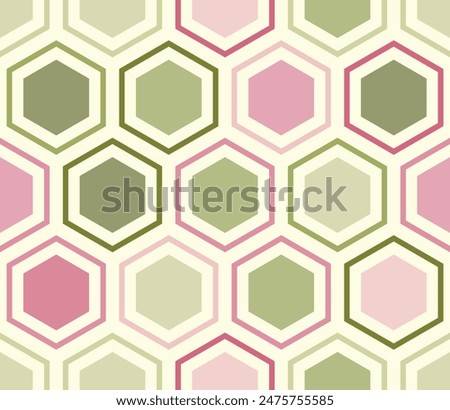 Geometric pattern. Hexagon mosaic background with inner solid cells. Large hexagons. Multiple tones color palette. Seamless pattern. Tileable vector illustration.