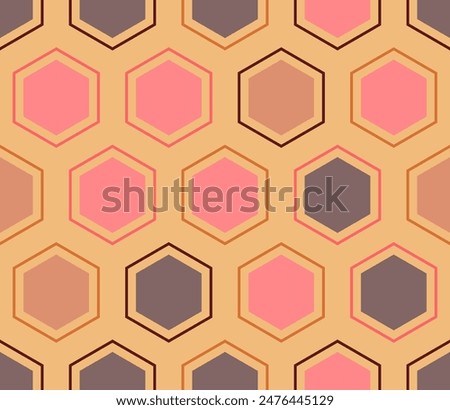 Tileabe mosaic background. Hexagon mosaic cells with padding and inner solid cells. Large hexagons. Multiple tones color palette. Seamless pattern. Tileable vector illustration.