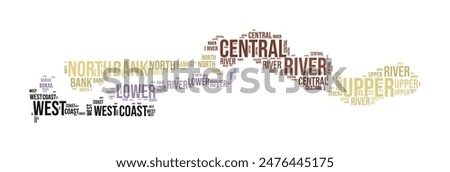 Gambia Word Cloud. Country shape with region division. Gambia typography style image. Region names tag clouds. Vector illustration.