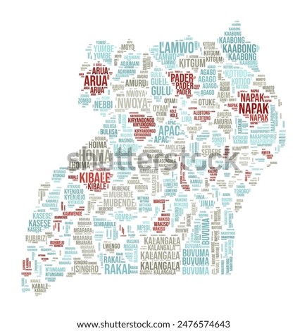 Uganda Word Cloud. Country shape with region division. Uganda typography style image. Region names tag clouds. Vector illustration.