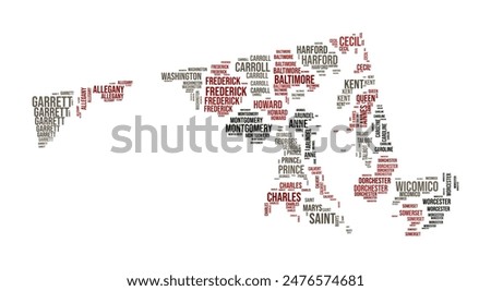 Maryland Word Cloud. State shape with county division. Maryland typography style image. County names tag clouds. Vector illustration.