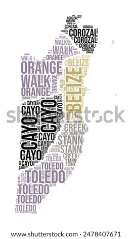 Belize Word Cloud. Country shape with region division. Belize typography style image. Region names tag clouds. Vector illustration.