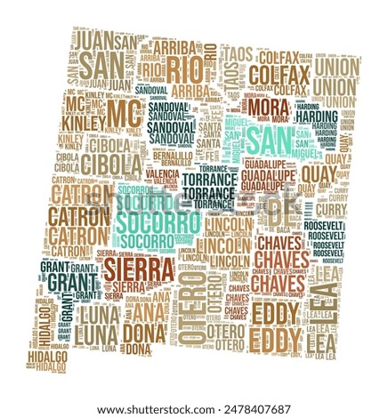 New Mexico Word Cloud. State shape with county division. New Mexico typography style image. County names tag clouds. Vector illustration.