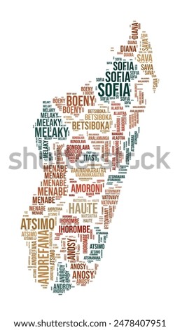 Madagascar Word Cloud. Country shape with region division. Madagascar typography style image. Region names tag clouds. Vector illustration.