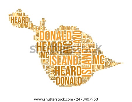 Heard Island and McDonald Islands Word Cloud. Country shape with region division. Heard Island and McDonald Islands typography style image. Region names tag clouds. Vector illustration.