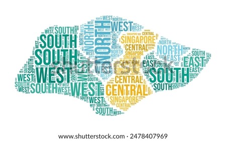 Singapore Word Cloud. Country shape with region division. Singapore typography style image. Region names tag clouds. Vector illustration.