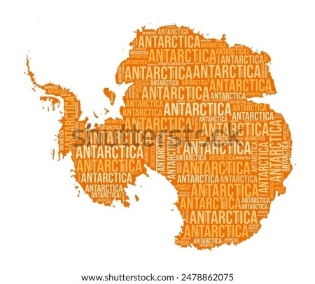 Antarctica shape. Country word cloud with region division. Antarctica colored illustration. Region names cloud. Vector illustration.