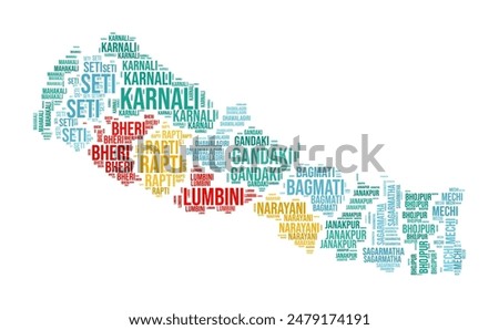 Nepal Word Cloud. Country shape with region division. Nepal typography style image. Region names tag clouds. Vector illustration.