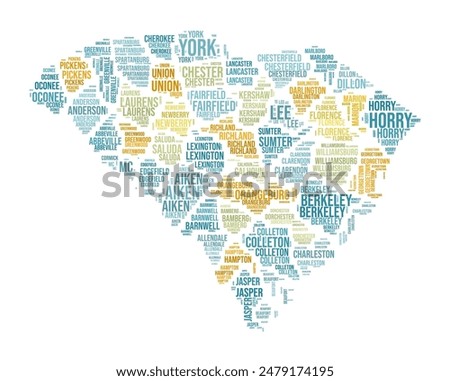 South Carolina Word Cloud. State shape with county division. South Carolina typography style image. County names tag clouds. Vector illustration.