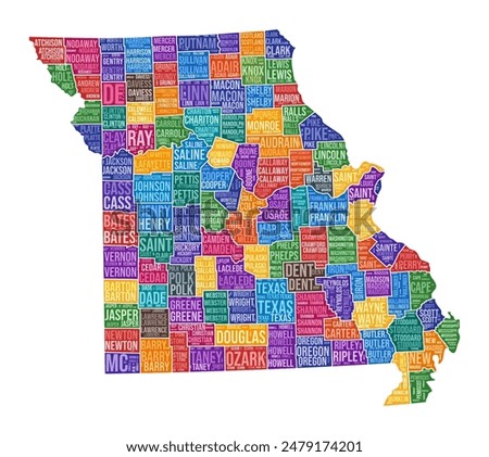 Missouri shape. State word cloud with county division. Missouri colored illustration. County names cloud. Vector illustration.