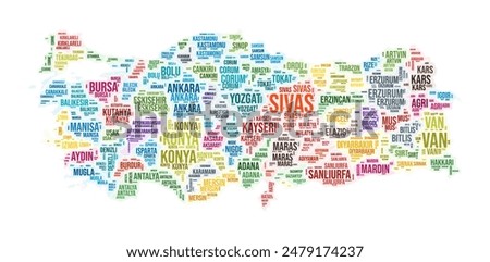 Turkey region word cloud. Country shape design. Turkey colored illustration. Region names collage cloud. Vector illustration.
