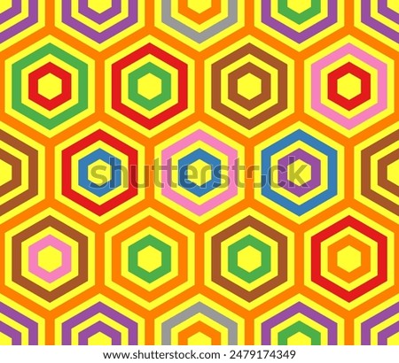 Honeycomb mosaic hexagons background. Plain hexagon frames. Large hexagons. Multiple tones color palette. Seamless pattern. Tileable vector illustration.