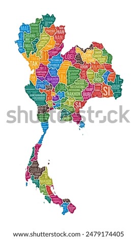 Thailand shape. Country word cloud with region division. Thailand colored illustration. Region names cloud. Vector illustration.