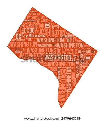 District of Columbia shape. State word cloud with county division. District of Columbia colored illustration. County names cloud. Vector illustration.