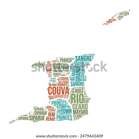 Trinidad and Tobago Word Cloud. Country shape with region division. Trinidad and Tobago typography style image. Region names tag clouds. Vector illustration.