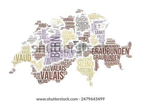 Switzerland Word Cloud. Country shape with region division. Switzerland typography style image. Region names tag clouds. Vector illustration.