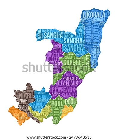 Republic of the Congo shape. Country word cloud with region division. Republic of the Congo colored illustration. Region names cloud. Vector illustration.