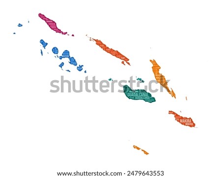 Solomon Islands shape. Country word cloud with region division. Solomon Islands colored illustration. Region names cloud. Vector illustration.