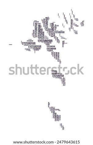 Faeroe Islands Word Cloud. Country shape with region division. Faeroe Islands typography style image. Region names tag clouds. Vector illustration.