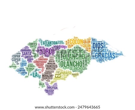 Honduras region word cloud. Country shape design. Honduras colored illustration. Region names collage cloud. Vector illustration.