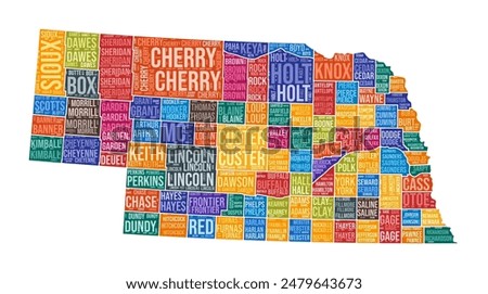 Nebraska shape. State word cloud with county division. Nebraska colored illustration. County names cloud. Vector illustration.