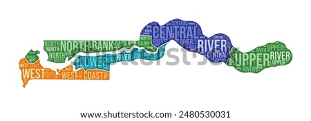 Gambia shape. Country word cloud with region division. Gambia colored illustration. Region names cloud. Vector illustration.