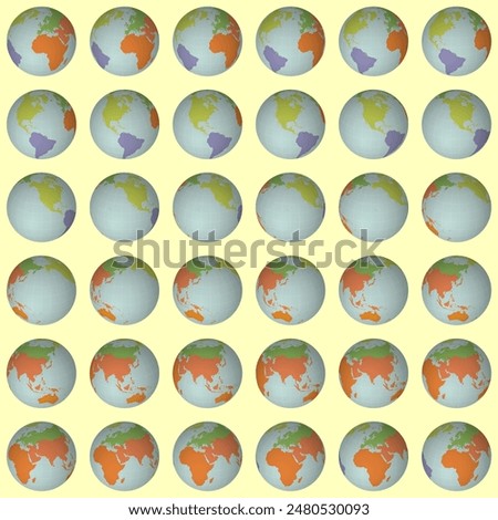 Collection of earth globes. Slanted sphere view. Rotation step 10 degrees. Colored continents style. World map with sparse graticule lines on yellowish background. Beauteous vector illustration.