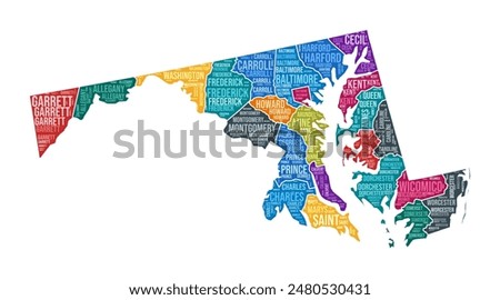 Maryland shape. State word cloud with county division. Maryland colored illustration. County names cloud. Vector illustration.