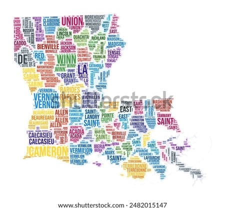 Louisiana county word cloud. State shape design. Louisiana colored illustration. County names collage cloud. Vector illustration.