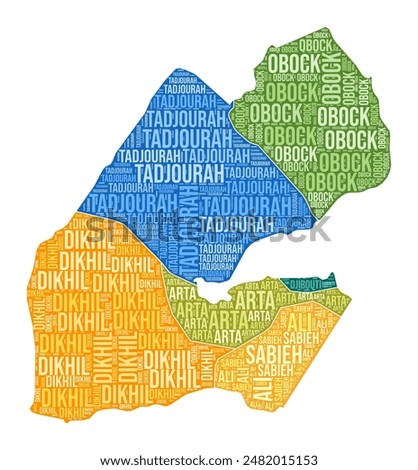 Djibouti shape. Country word cloud with region division. Djibouti colored illustration. Region names cloud. Vector illustration.