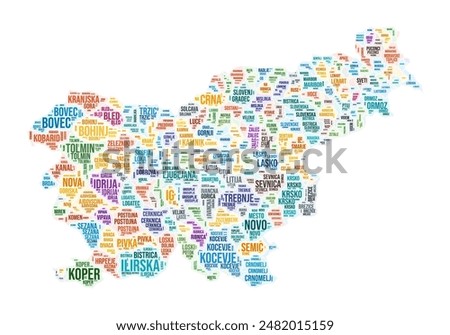 Slovenia region word cloud. Country shape design. Slovenia colored illustration. Region names collage cloud. Vector illustration.