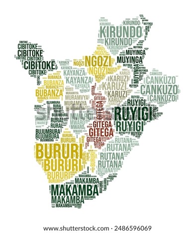 Burundi Word Cloud. Country shape with region division. Burundi typography style image. Region names tag clouds. Vector illustration.