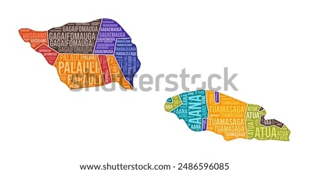 Samoa shape. Country word cloud with region division. Samoa colored illustration. Region names cloud. Vector illustration.