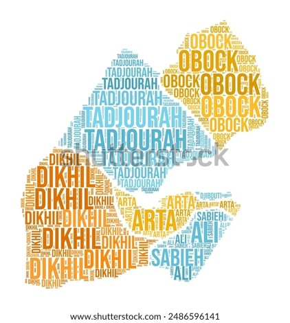 Djibouti Word Cloud. Country shape with region division. Djibouti typography style image. Region names tag clouds. Vector illustration.