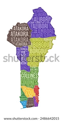 Benin shape. Country word cloud with region division. Benin colored illustration. Region names cloud. Vector illustration.