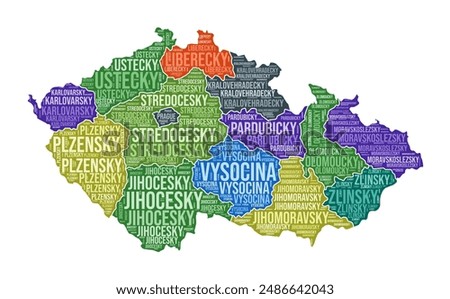 Czechia shape. Country word cloud with region division. Czechia colored illustration. Region names cloud. Vector illustration.