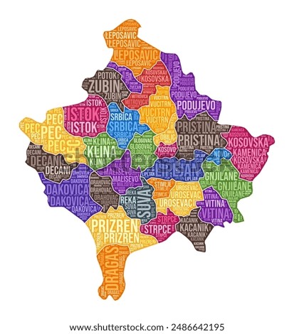 Kosovo shape. Country word cloud with region division. Kosovo colored illustration. Region names cloud. Vector illustration.