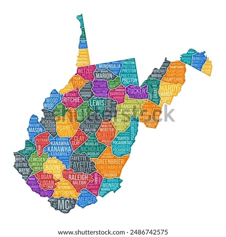 West Virginia shape. State word cloud with county division. West Virginia colored illustration. County names cloud. Vector illustration.