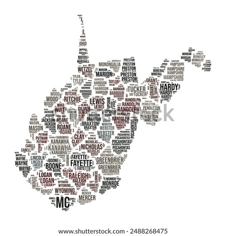 West Virginia Word Cloud. State shape with county division. West Virginia typography style image. County names tag clouds. Vector illustration.