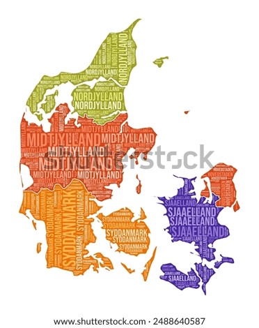 Denmark shape. Country word cloud with region division. Denmark colored illustration. Region names cloud. Vector illustration.