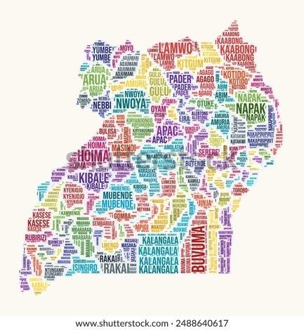 Uganda regions word cloud. Country logo design. Regions typography style vector image. Uganda colored text cloud. Modern vector illustration.