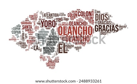 Honduras Word Cloud. Country shape with region division. Honduras typography style image. Region names tag clouds. Vector illustration.