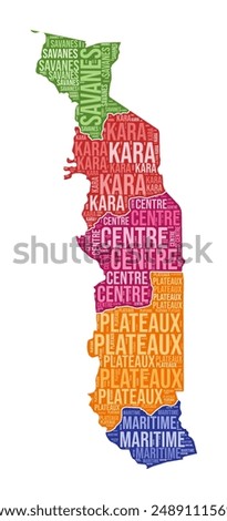 Togo shape. Country word cloud with region division. Togo colored illustration. Region names cloud. Vector illustration.