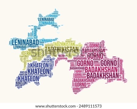 Tajikistan regions word cloud. Country logo design. Regions typography style vector image. Tajikistan colored text cloud. Vibrant vector illustration.