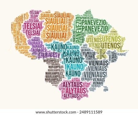 Lithuania regions word cloud. Country logo design. Regions typography style vector image. Lithuania colored text cloud. Trending vector illustration.