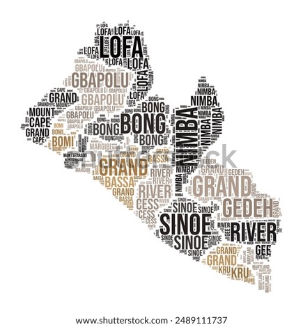 Liberia Word Cloud. Country shape with region division. Liberia typography style image. Region names tag clouds. Vector illustration.