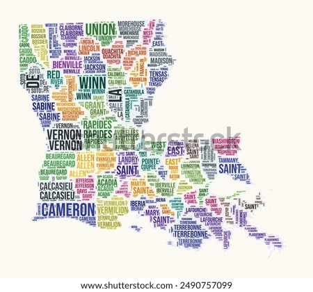 Louisiana counties word cloud. State logo design. Counties typography style vector image. Louisiana colored text cloud. Elegant vector illustration.