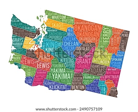 Washington shape. State word cloud with county division. Washington colored illustration. County names cloud. Vector illustration.