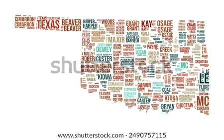 Oklahoma Word Cloud. State shape with county division. Oklahoma typography style image. County names tag clouds. Vector illustration.