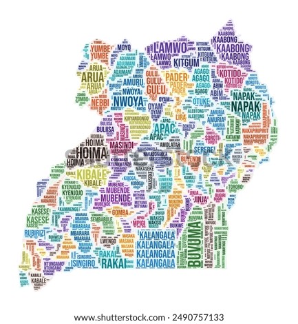 Uganda region word cloud. Country shape design. Uganda colored illustration. Region names collage cloud. Vector illustration.